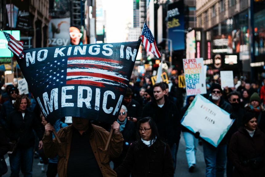 Demonstrators take part in a "No Kings" protest against President Donald Trump's administration policies in New York City on Saturday.
