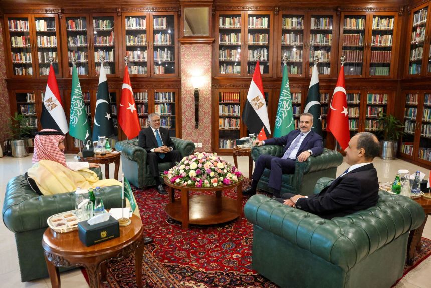 Foreign Ministers Badr Abdelatty of Egypt, Prince Faisal bin Farhan Al Saud of Saudi Arabia, Ishaq Dar of Pakistan and Hakan Fidan of Turkey meet to discuss regional de-escalation in Islamabad, Pakistan, on Sunday.